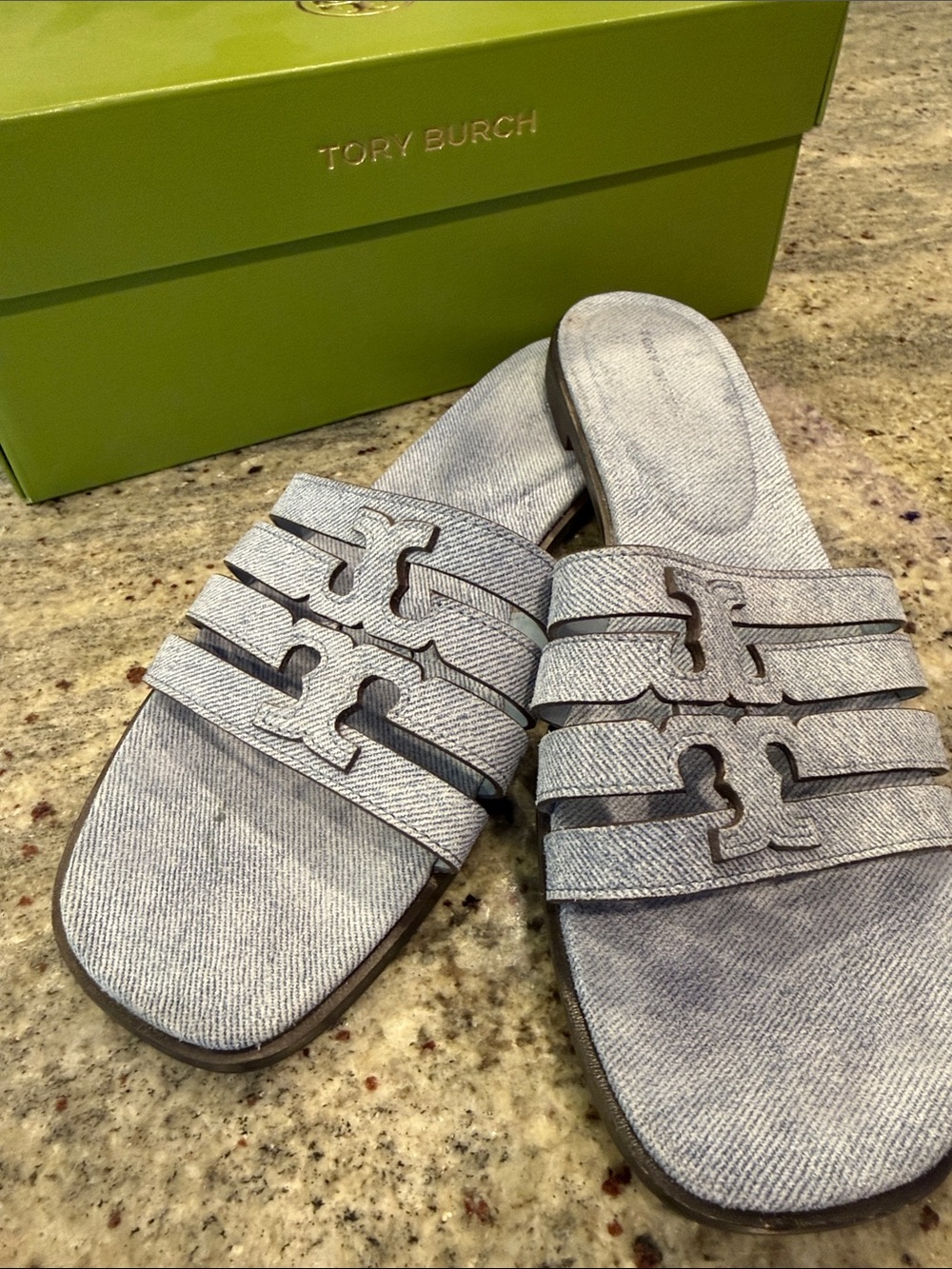 Tory Burch Light Blue Denim Double-Strap Logo Slides